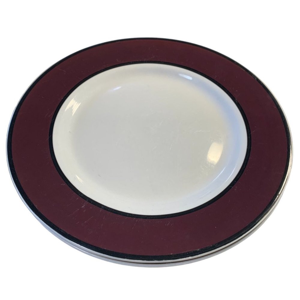 Thomson Pottery Dinner Plate White Burgundy Black Rim Set of 2